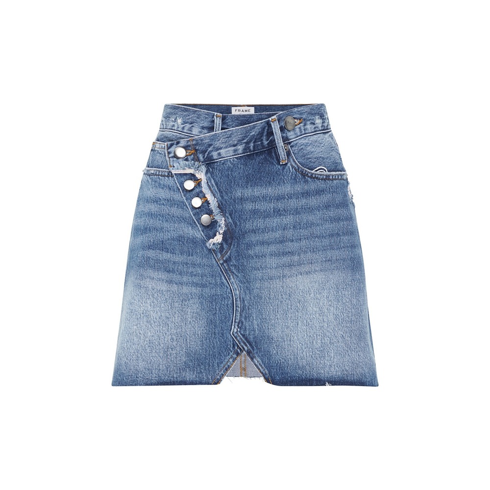 FRAME Ophelia Exposed Button Asymmetric Overlap Denim Mini Skirt 24 - Picture 8 of 13